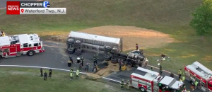 overturned sand truck